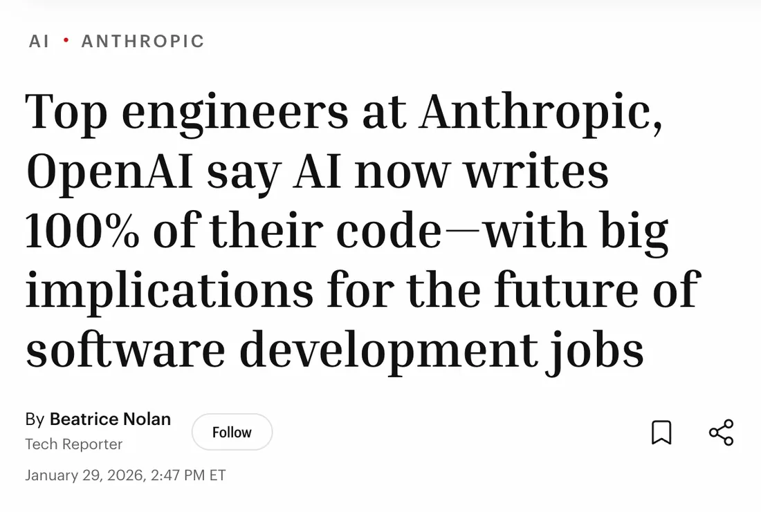 Fortune: Top engineers at Anthropic, OpenAI say AI now writes 100% of their code—with big implications for the future of software development jobs