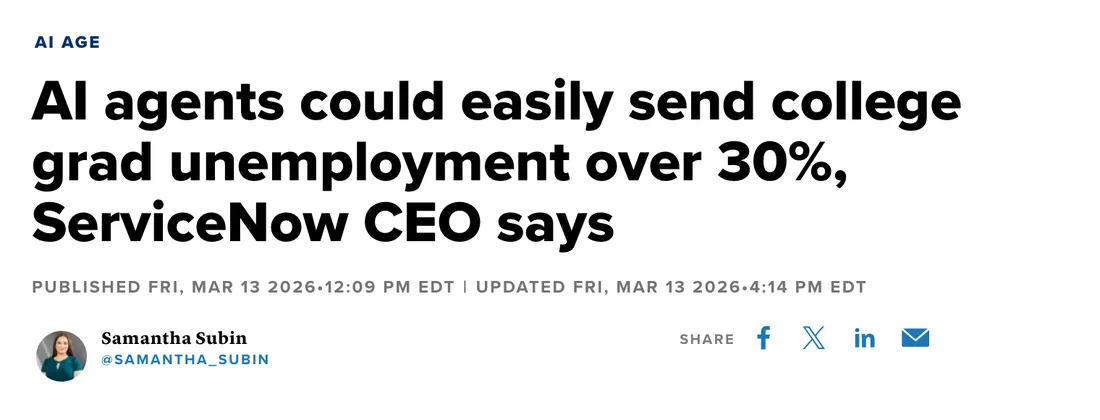 CNBC: AI agents could easily send college grad unemployment over 30%, ServiceNow CEO says