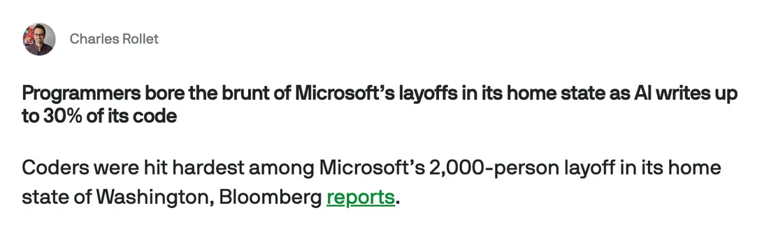 TechCrunch: Programmers bore the brunt of Microsoft's layoffs in its home state as AI writes up to 30% of its code