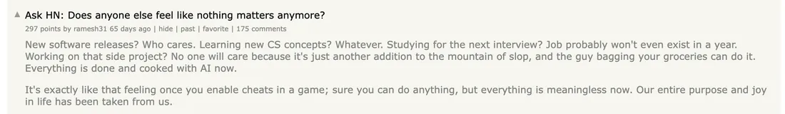 Hacker News: Ask HN: Does anyone else feel like nothing matters anymore?