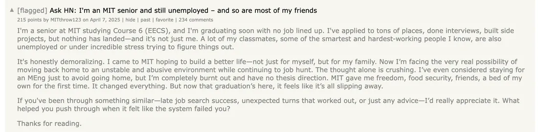 Hacker News: Ask HN: I'm an MIT senior and still unemployed – and so are most of my friends