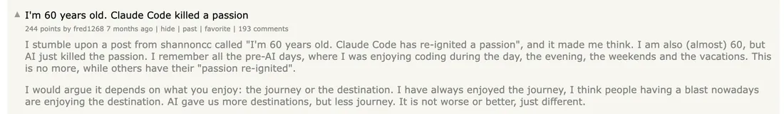 Hacker News: I'm 60 years old. Claude Code killed a passion