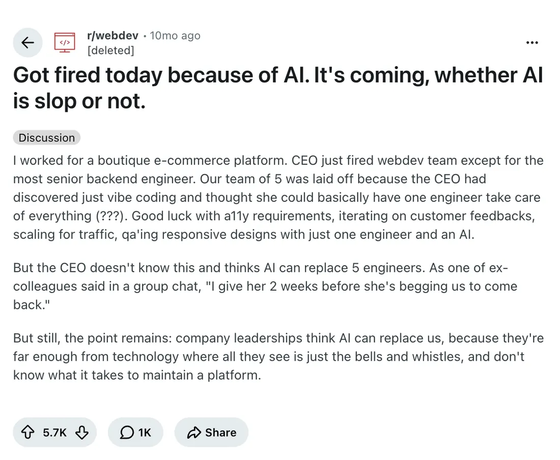 Reddit r/webdev: Got fired today because of AI. It's coming, whether AI is slop or not