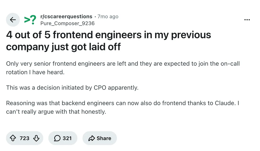 Reddit r/cscareerquestions: 4 out of 5 frontend engineers in my previous company just got laid off