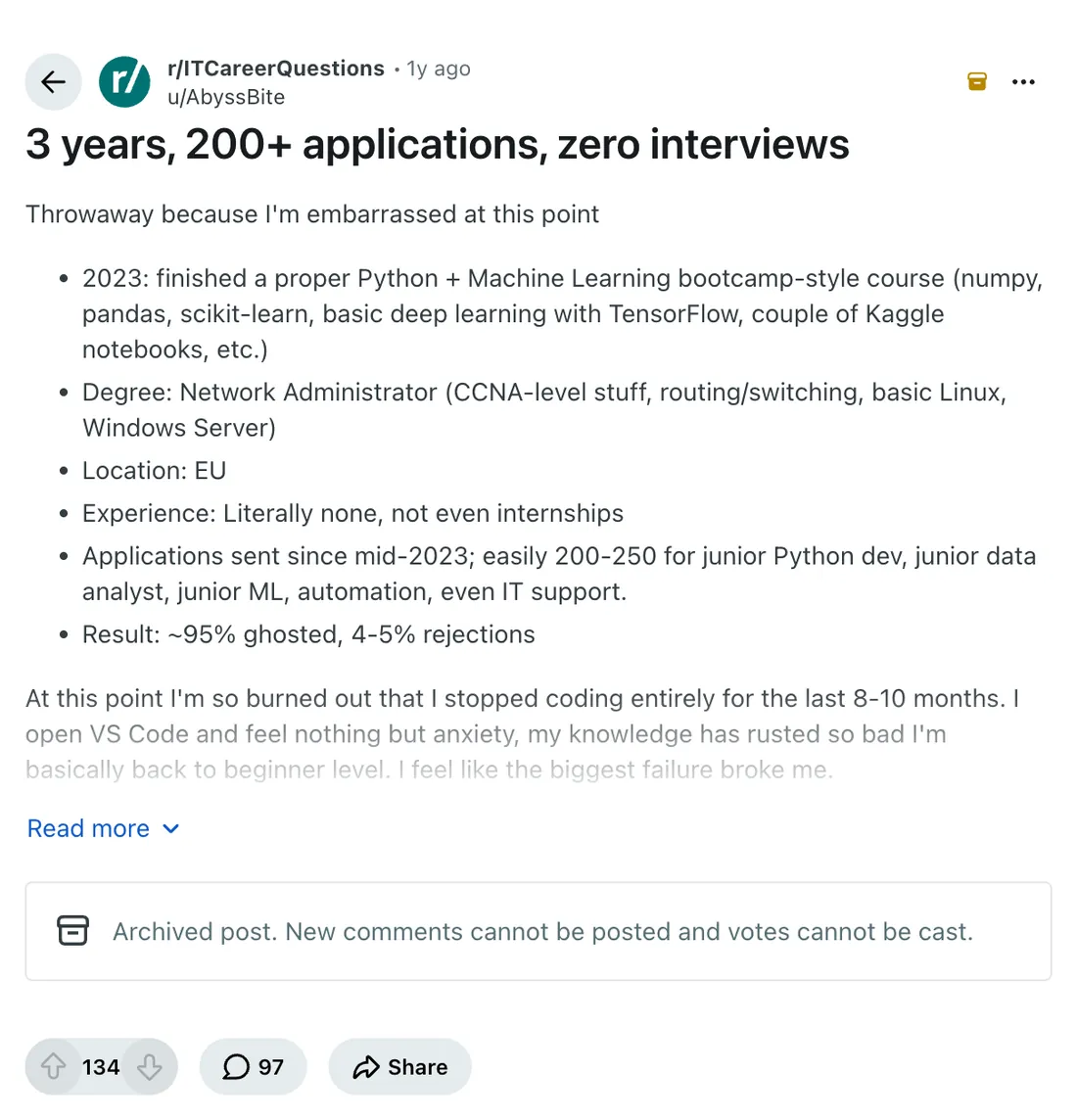 Reddit r/ITCareerQuestions: 3 years, 200+ applications, zero interviews