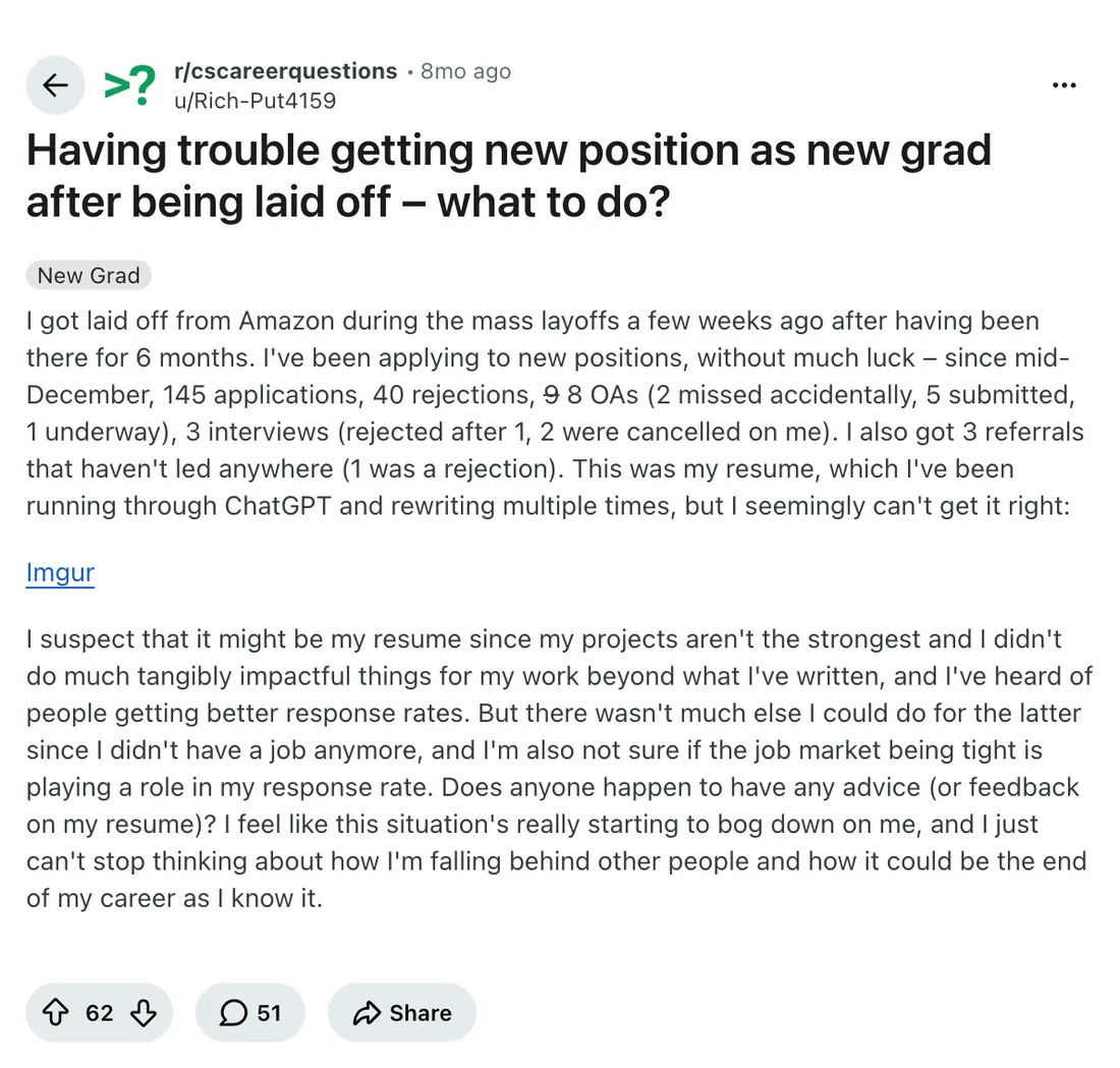 Reddit r/cscareerquestions: Having trouble getting new position as new grad after being laid off – what to do?